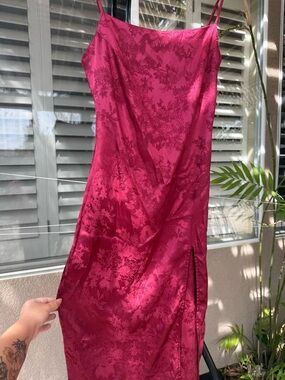 Red Floral Satin Slip Dress with Side Slit
